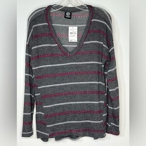 Bobeau Charcoal Burgundy & Gray Hi Low Long Sleeve Lightweight Women's L Sweater